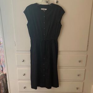 Cotton Loft Black Midi Dress Cap Sleeves Drawstring Elastic Waist Cargo Pockets